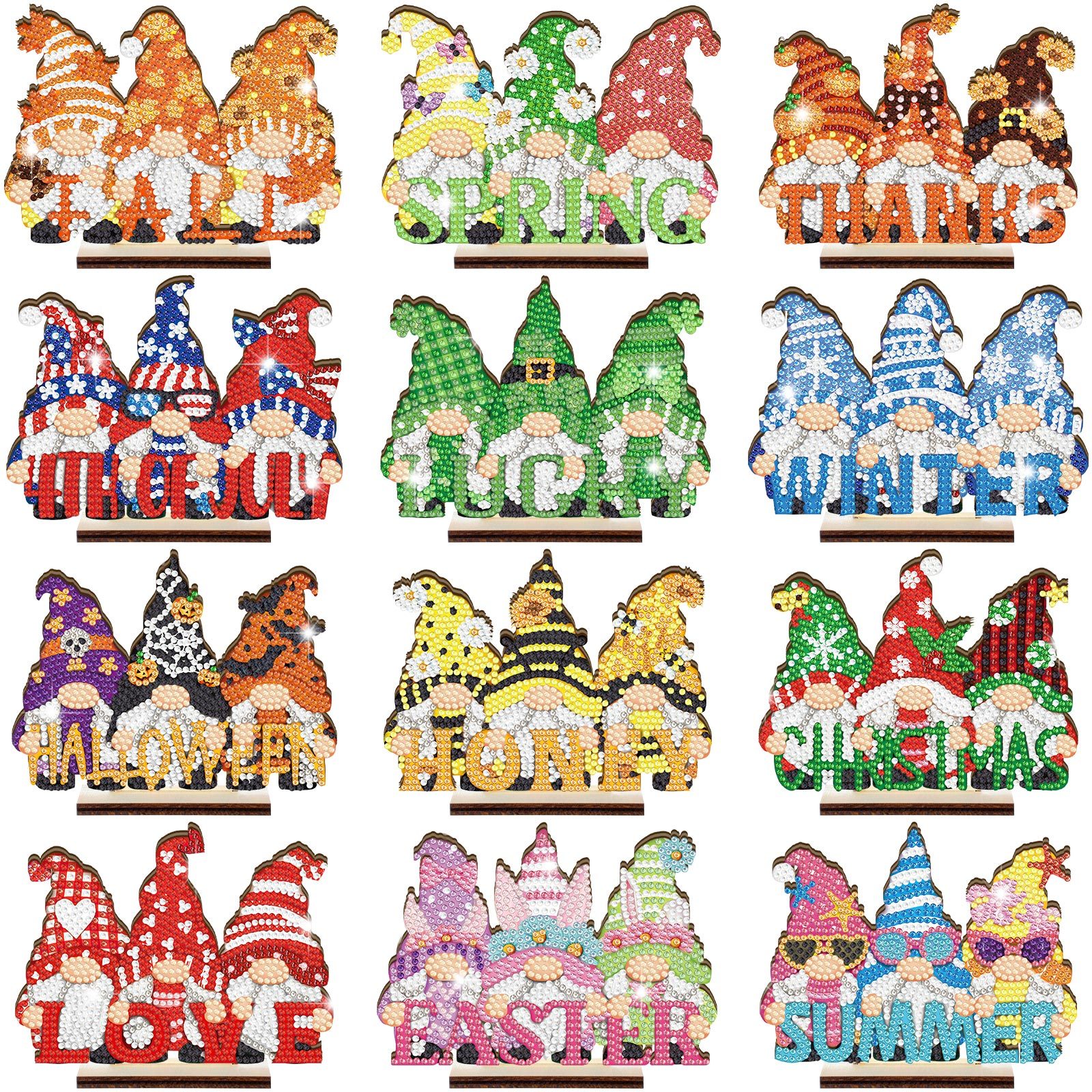 TEMU 12 Sets Interchangeable Seasonal Gnome Diamond Painting Table Decor With Wood Base - Irregular-shaped Kits Suitable For Valentines, Easter,