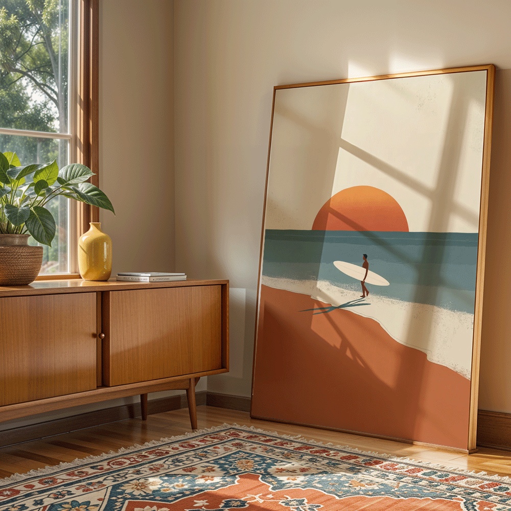 TEMU 2d Flat, Surf-themed Horizontal Wall Suitable For Beach Decor - Sunset Surf Canvas Prints With Surfer Posters, Unframed Ink Canvas For Living