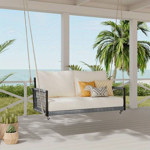 trexm 2 person outdoor swing sofa with soft cushions woven beige patio courtyard or balcony uv weather resistant pillows and removable covers patio furniture sophisticated design stainresistant fabric