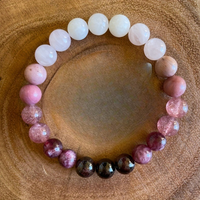 Mixed Pink Gradient Beaded Bracelet with Moonstone & Quartz