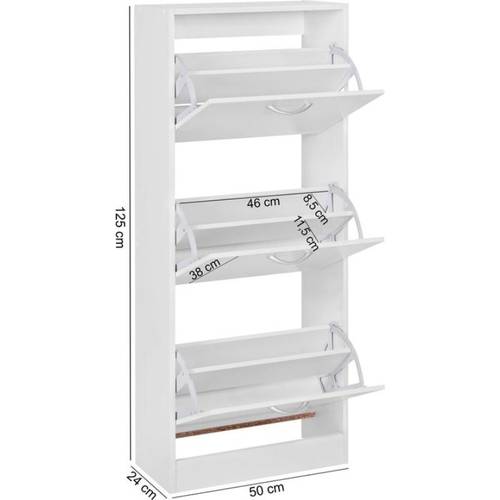 moderner weißer schuhschrank mit drei neigbaren fächern und integrierten griffen. platzsparende aufbewahrungslösung für bis zu 18 paar schuhe. freistehendes design, ideal für eingangsbereiche und . abmessungen: 50 x 125 x 24 cm