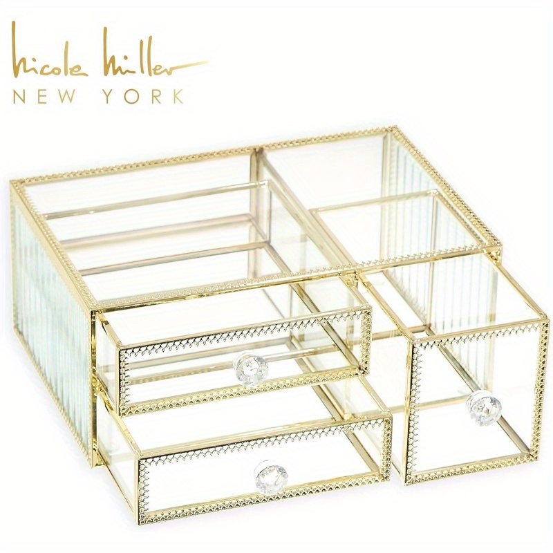 360 degree rotating makeup organizer with golden accents 3 drawer vanity storage no assembly needed elegant cosmetic organizer with   drawers for professional or home use perfect gift   enthusiasts   polished   organized lifestyle Product details 5