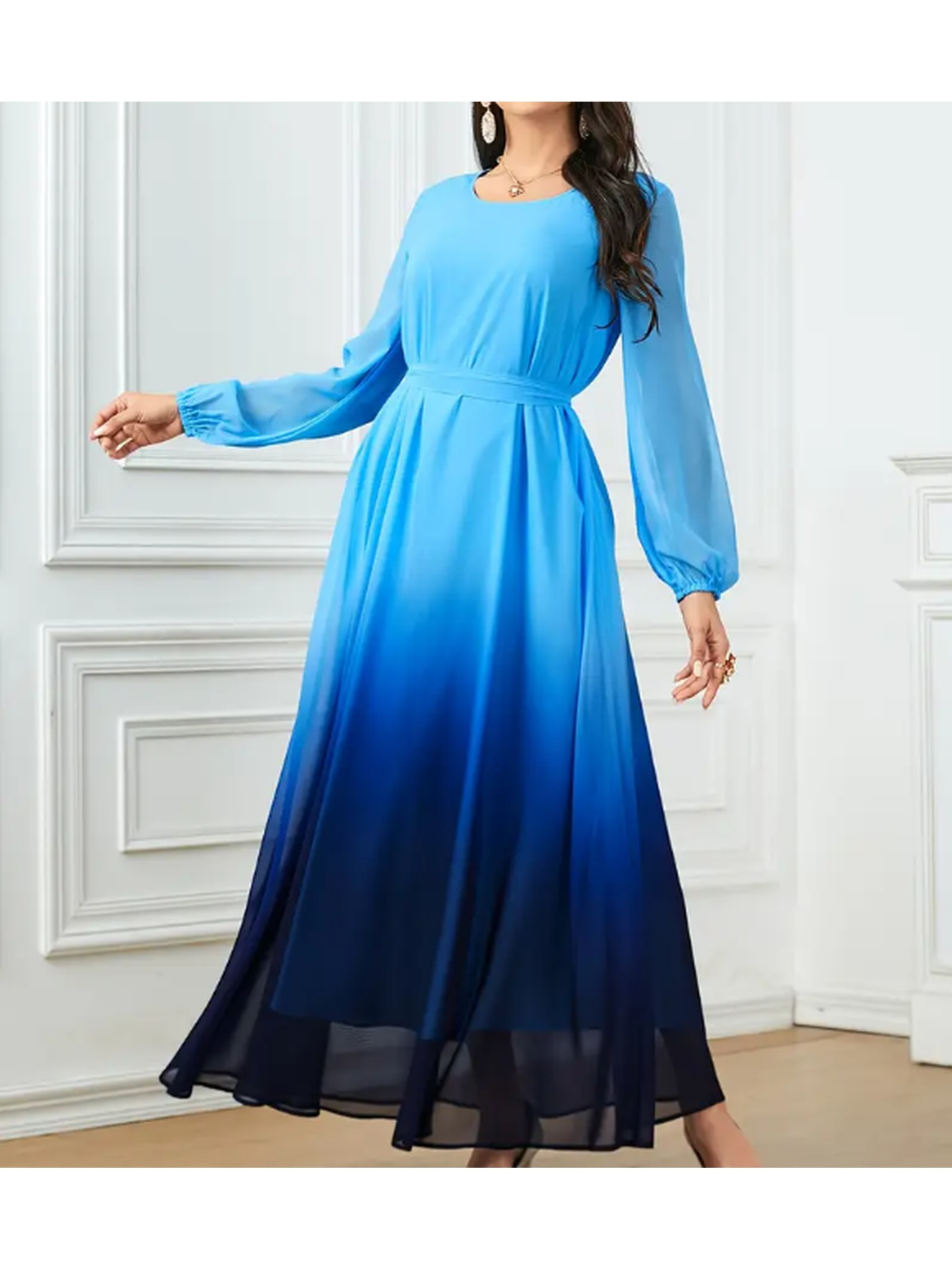 a ladys gradient blue long sleeve dress featuring - Temu Oman