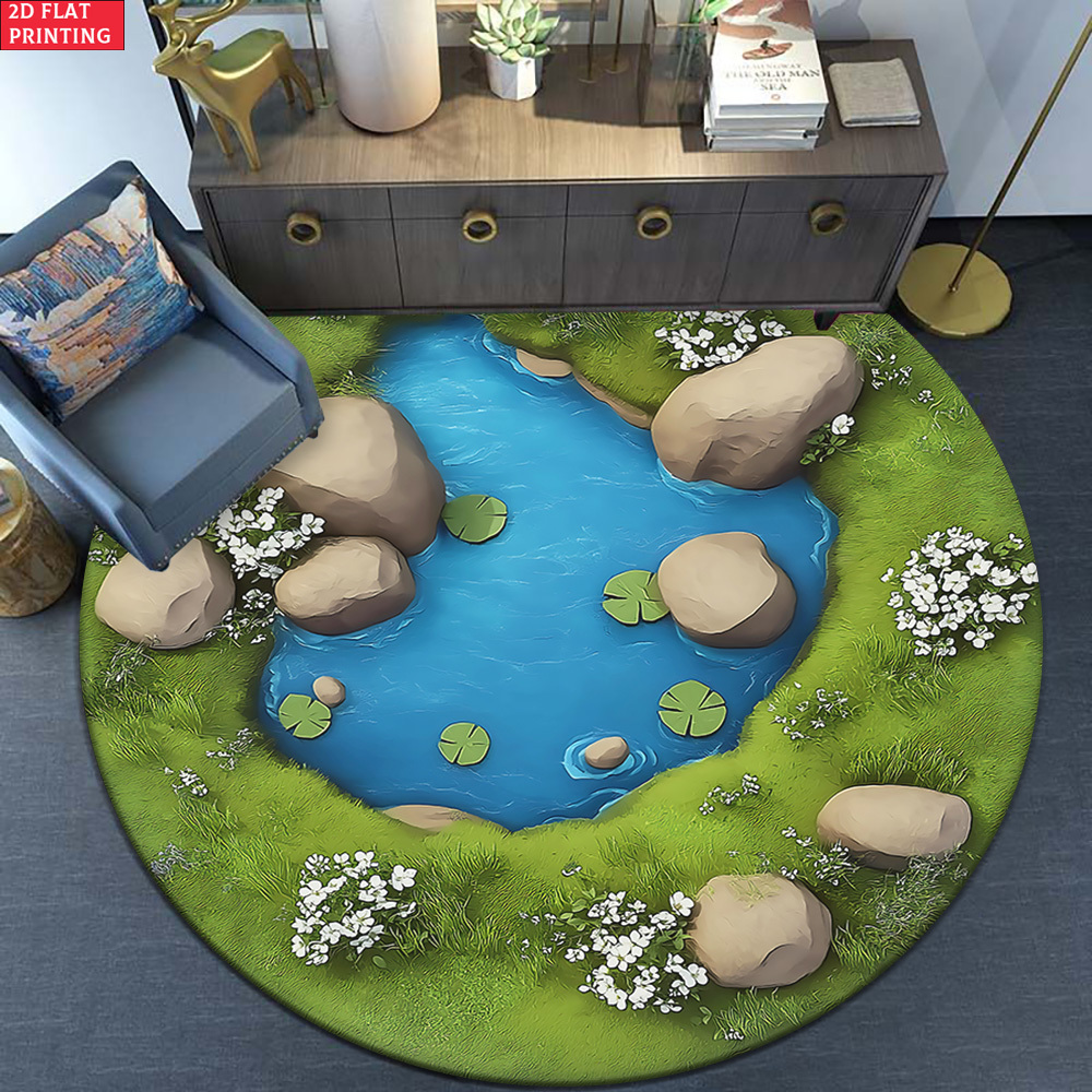 TEMU 2d Flat 1pc 850gsm Velvet Small Pond With Stones Hd Round Floor Mat, Suitable For Entryway, Living Room Decorative Mats, Meditation Cushion,