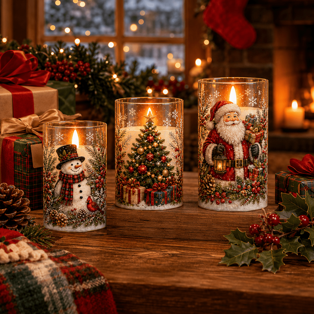 TEMU 3pcs Santa Snowman Christmas Tree Print Flameless Led Pillar Candles Bottom Switch Realistic Flickering Battery Operated Candles For Christmas