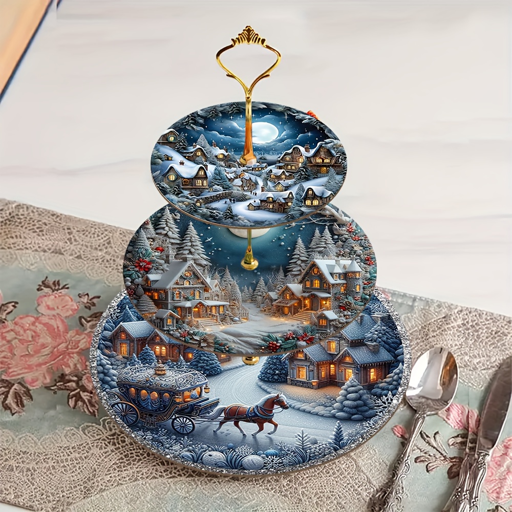 Image of 2d, Flat, 1pc 3-layer Wooden Christmas Snow Scene Pattern Exquisite Decorative Storage Tray, Which Used For Decorating Small Items In Occasions Such As Living Rooms, Dining Rooms, Bedrooms, Etc.