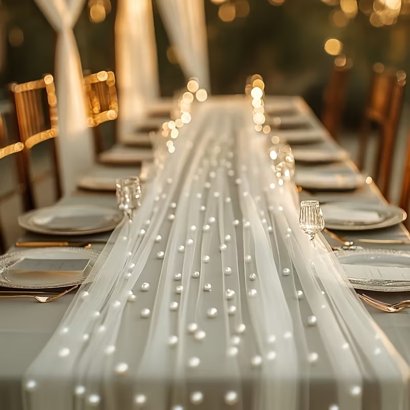 TEMU 2pcs Pack Tulle Tablecloth Suitable For Weddings, Bridal Showers, Parties - Transparent Mesh Fabric With Pearl Beads, Cut-to-size Rectangular