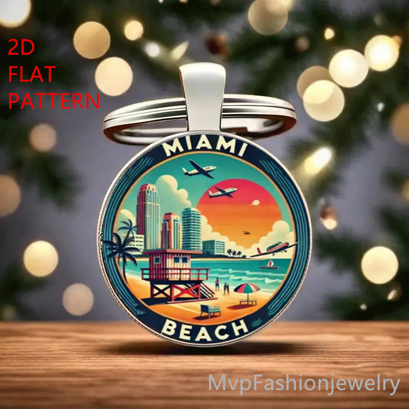 TEMU Llavero vintage 2D de Miami Beach, 1 pieza, adecuado para viajes, regalos de , recuerdos - Miniatura de paisaje y lugares emblemáticos, llave
