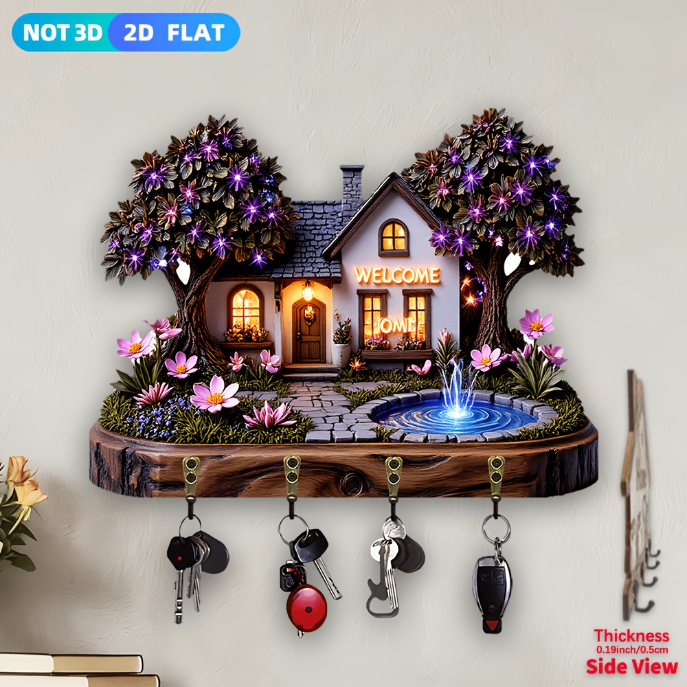 E-shop 2Dflat 2D Ebene, 1er Pack, Schlüsselhaken im Kabinen-Stil, Multifunktionales Schlüsselbrett aus Holz mit vier Metallhaken: Schlüsselhaken,