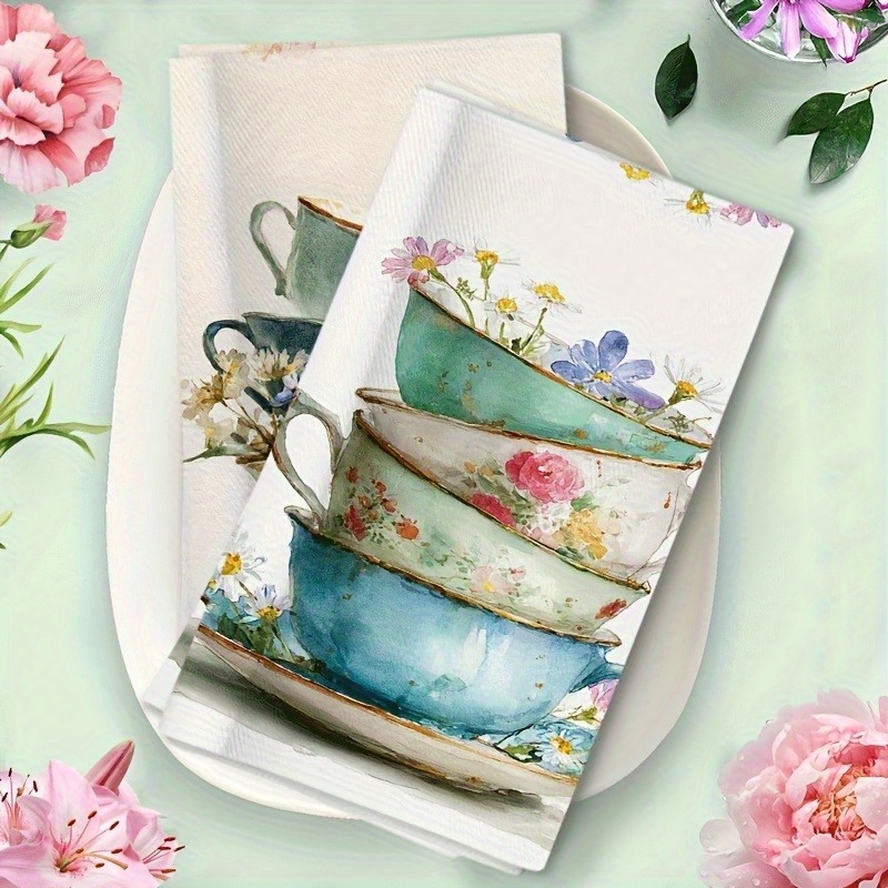 TEMU 2pcs Dishwashing Towels, Tea Cups, Flower Kitchen Towels, A Set Of High- Dry Towels, Bar Towels