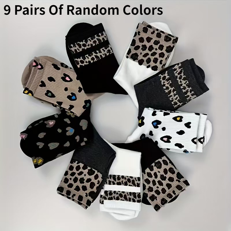 9 Pairs Random Color Women's Leopard Print & Heart Pattern Mid-calf Socks - Striped Side Accents, Retro Design, Casual Versatile For Daily Wear, Stylish Sock Collection, Comfortable Sock Material