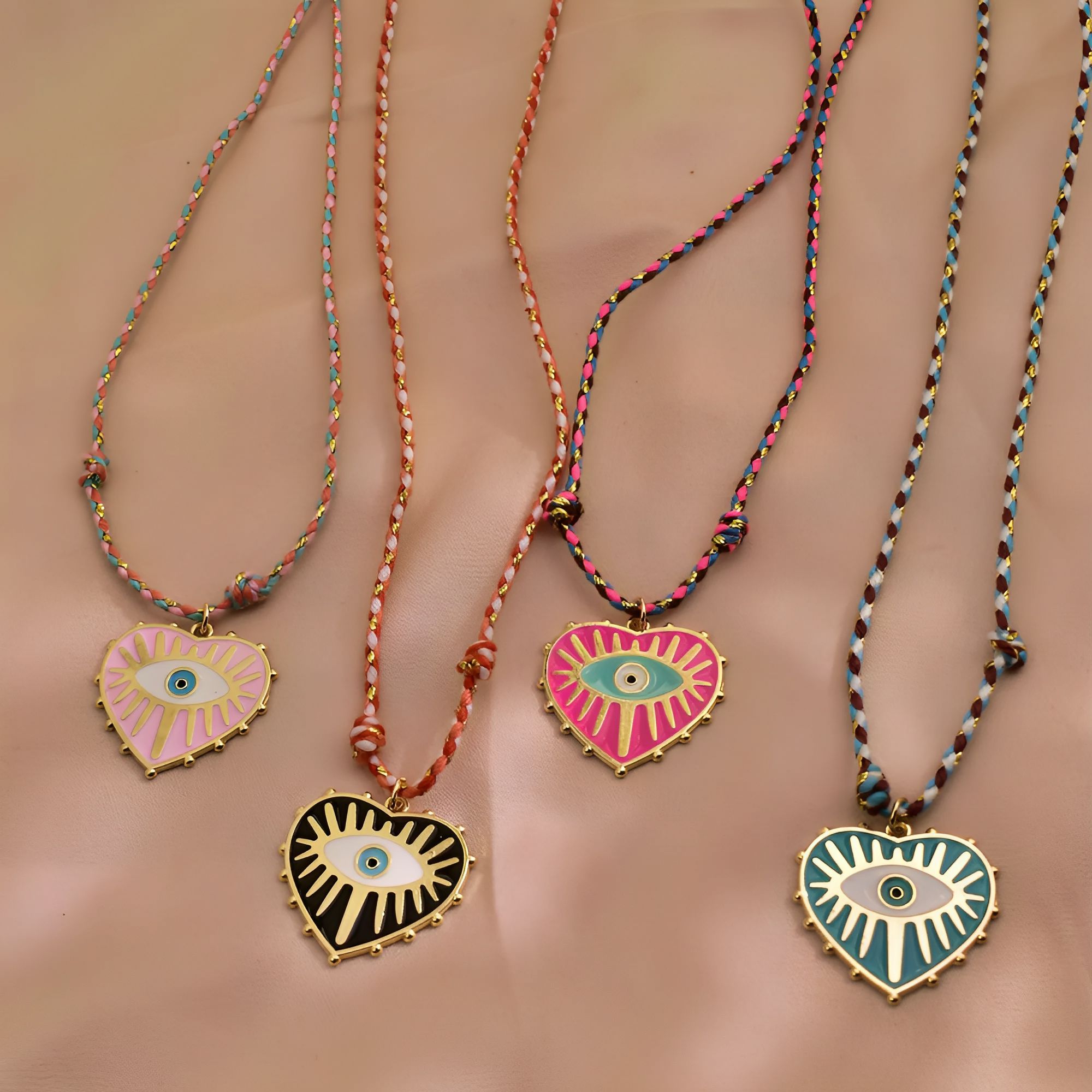 Image of 4pcs/set Women's Fashion Pendant Necklace, Summer Bohemian Style With Heart And Evil Eye Elements, Adjustable Braided Necklace For Travel, Vacation, Friend Gifts, And Daily Wear