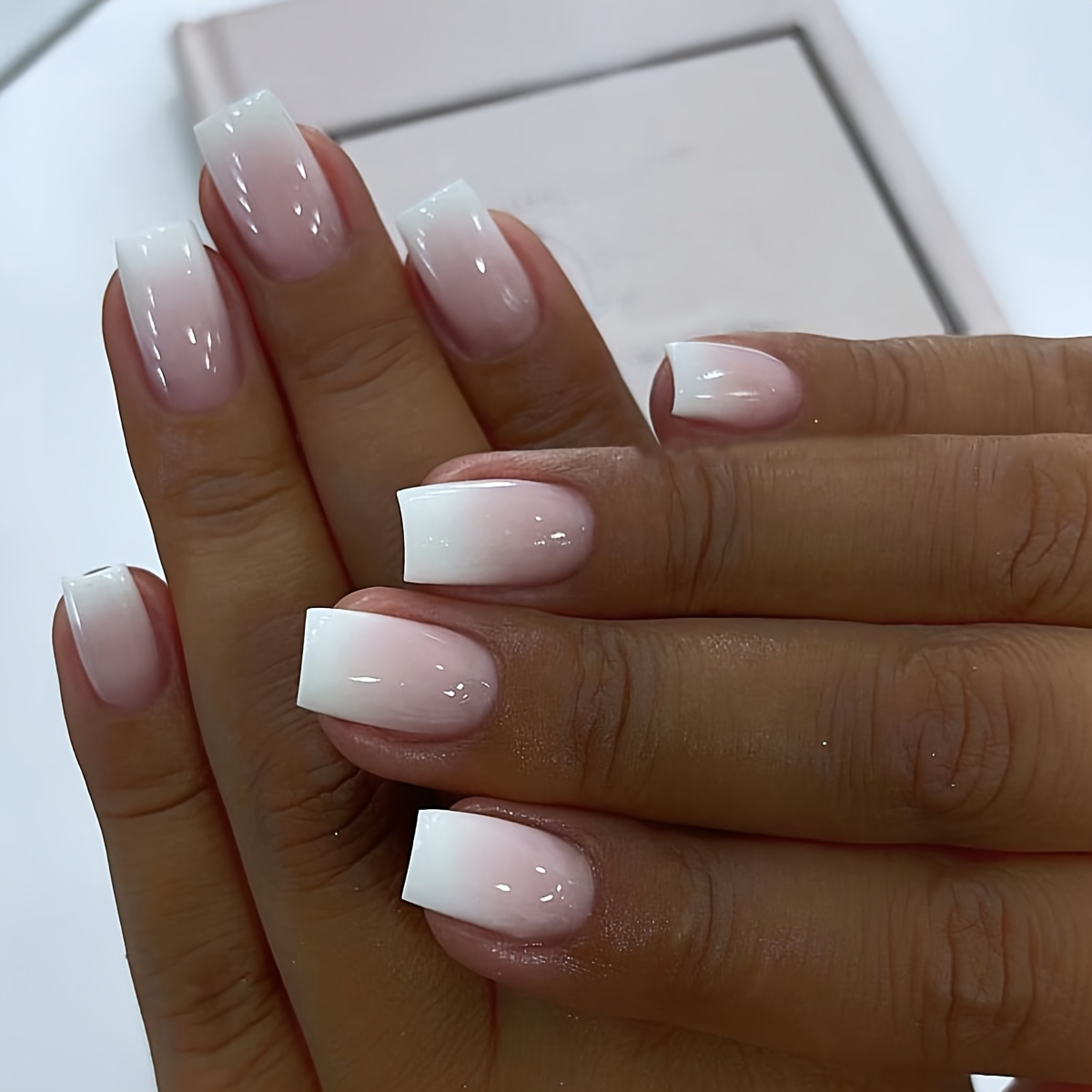 TEMU 48pcs Elegant Cream Powder Gradient Nail Set - Medium Square, Smooth, With French Pointe. Suitable For , Parties, And Special Occasions, Containing Jelly Glue And Nail Files, Reusable