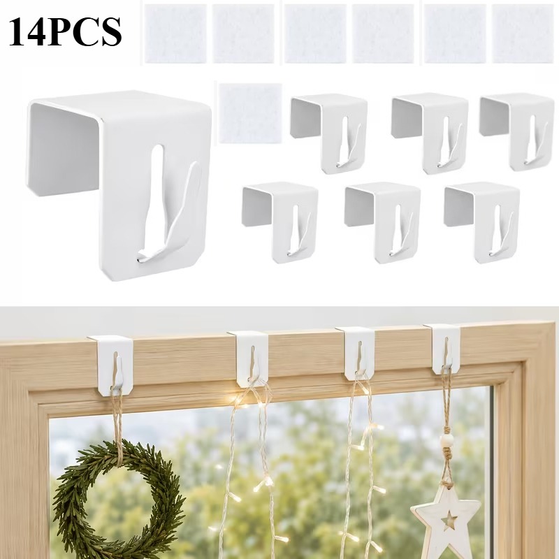 TEMU 14pcs/7 Stainless Steel Window Hooks + 7 Pads, Clip-on Hangers For Doors And Windows, Suitable For String Lights, Christmas Stars, And Hanging