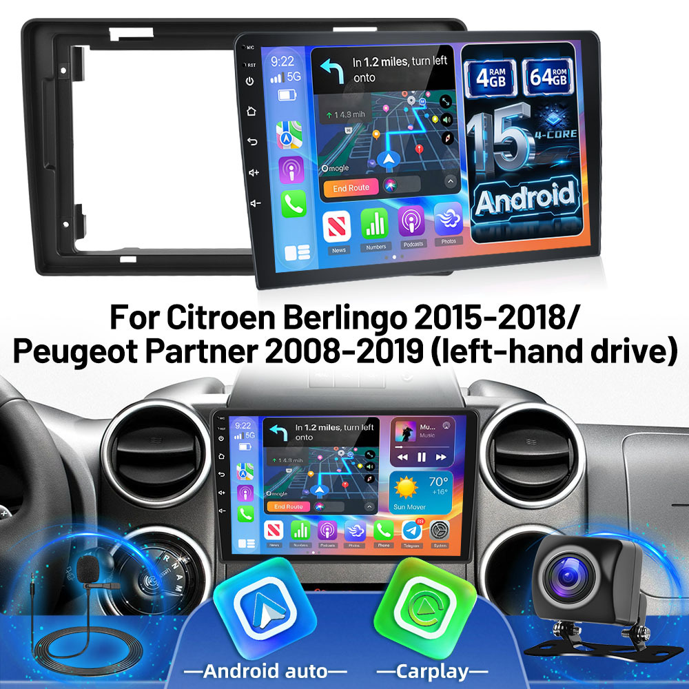 4+64g Car Stereo 15 For Berlingo 2015-2018/for 2008-2019 (left-hand Drive), Auto, 9-inch Screen Car Radio With Wifi Gps 32eq Fm/rds Swc Reversing Camera, Without Battery