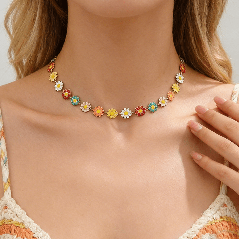 1pc Women's Fashion Choker Necklace Summer Bohemian Style, Creative Dopamine Colorful Daisy Chain Necklace Alloy Material Summer Beach Vacation Summer Necklace