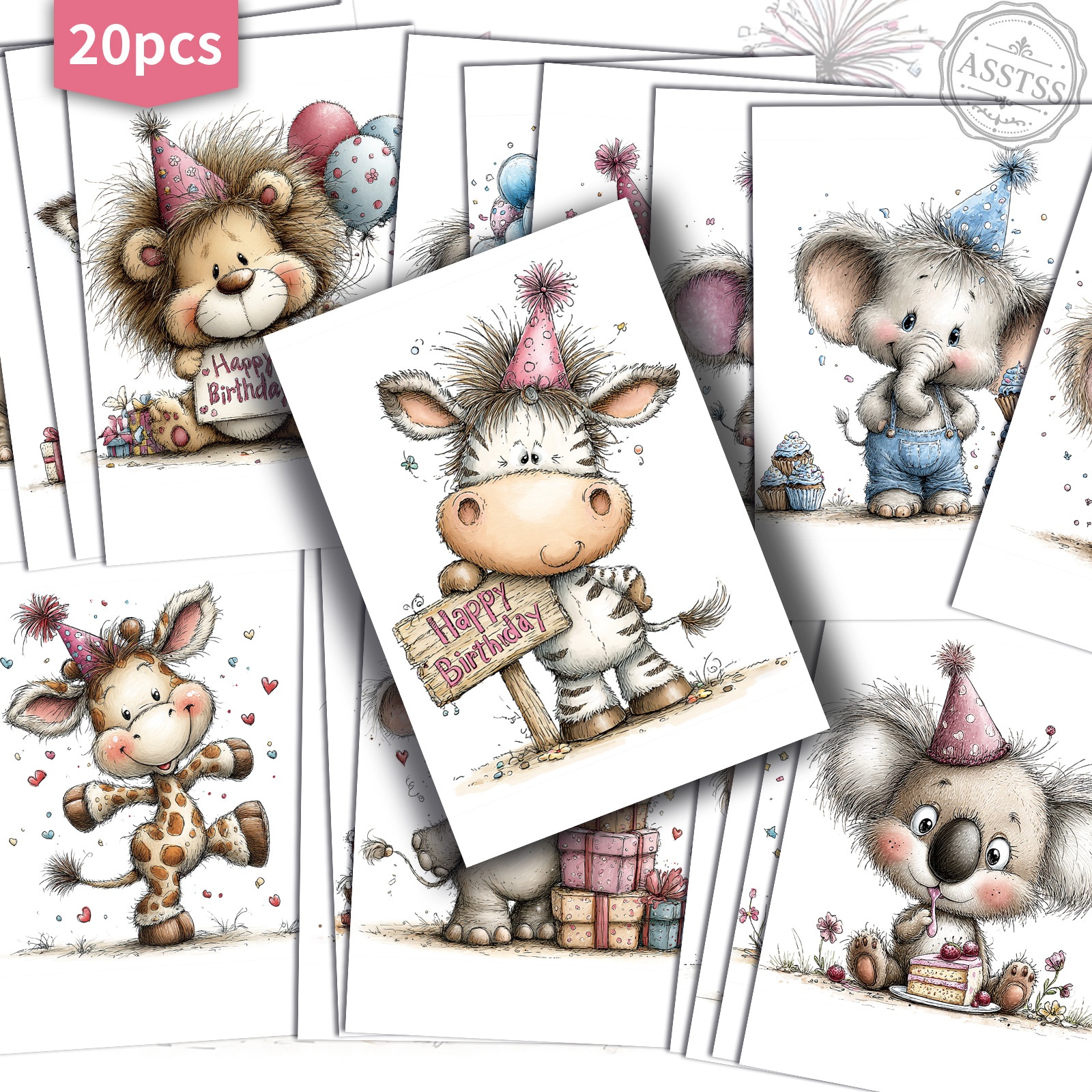 TEMU 20-pack Asstss Vintage Animal Birthday Party Postcards - 4x6 Inches Retro Junk Journal Supplies, Classic Pinup Illustrations Collectible