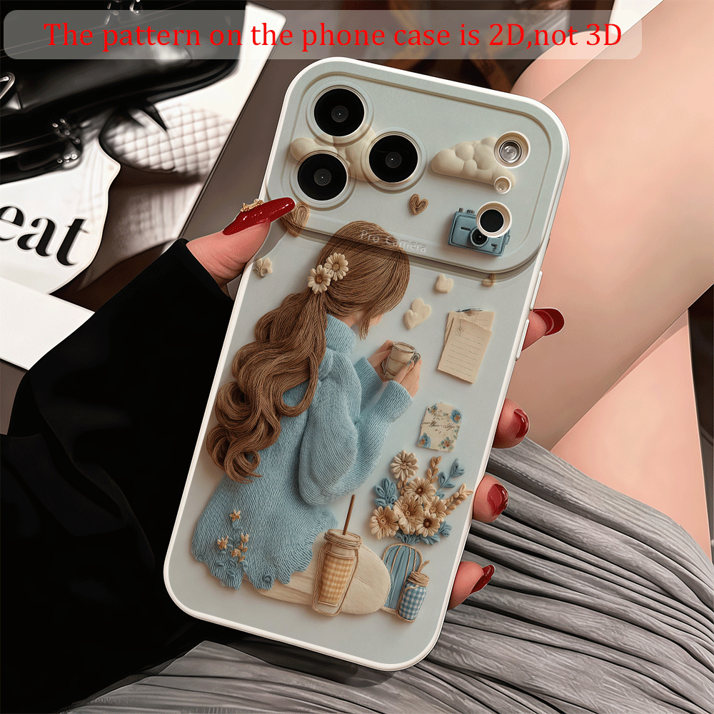 TEMU Phone Case: 2d Flat Phone Case: Cute Girl Holding Cup Cartoon Scene Illustration, 2d Pattern, Camera Clouds Hearts Flowers Vase Drink Straw Tpu