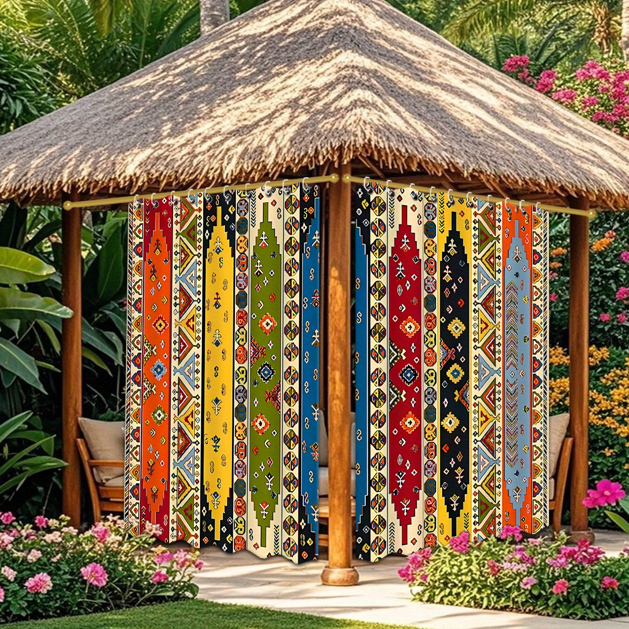 TEMU 2pcs 2d Flat Outdoor Curtains, Featuring A Fashionable And Mysterious , Making Them Ideal For Outdoor Sunshades, Windproof And Sun Protection;