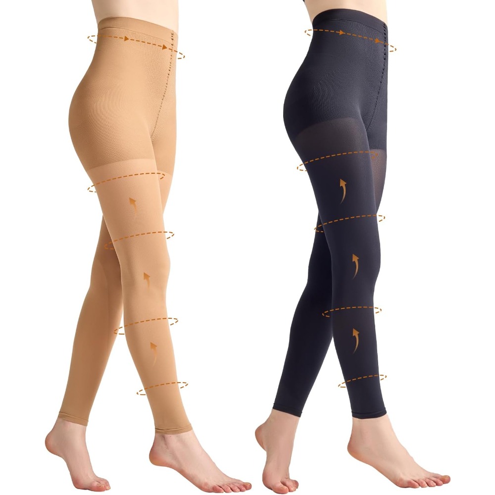 2 Pairs of Women'S Footless Compression Stockings, 80D Semi-Sheer High-Waisted Shaping Tights with 10-15Mmhg Mild Compression