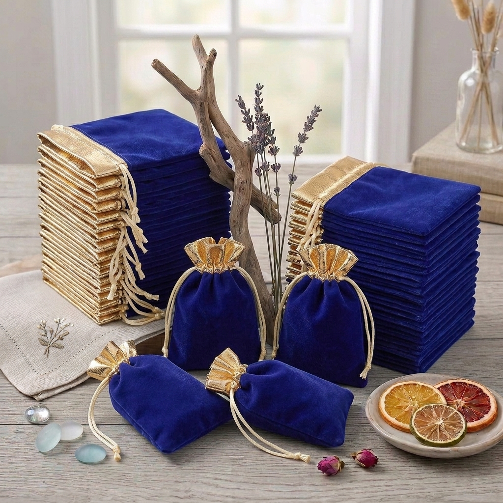 TEMU Regalo /Lui Confezione da 52pz Sacchetti in Velluto con Coulisse Blu Reale e Oro - Eleganza Adatti per Bomboniere Nuziali, Regali per Feste di