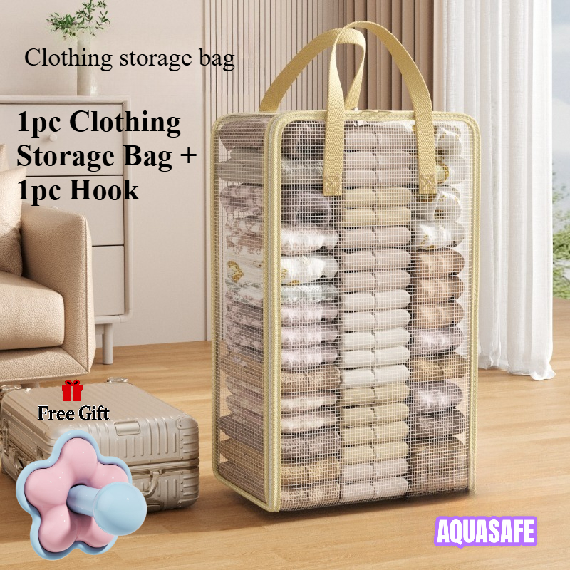 TEMU 2pcs Storage Bags (1pc Bag And 1pc Hook) Transparent Mesh Organizer, With Sturdy Handle, Large Capacity Clothing Bag, Foldable Breathable
