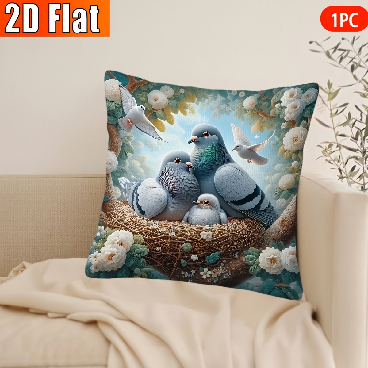 TEMU 1pc Pillowcase, Soft Polyester Short Plush Fabric, Single-sided Printed Pattern, Pigeon Nest , Comfortable , Home Decor, 45cm X 45cm
