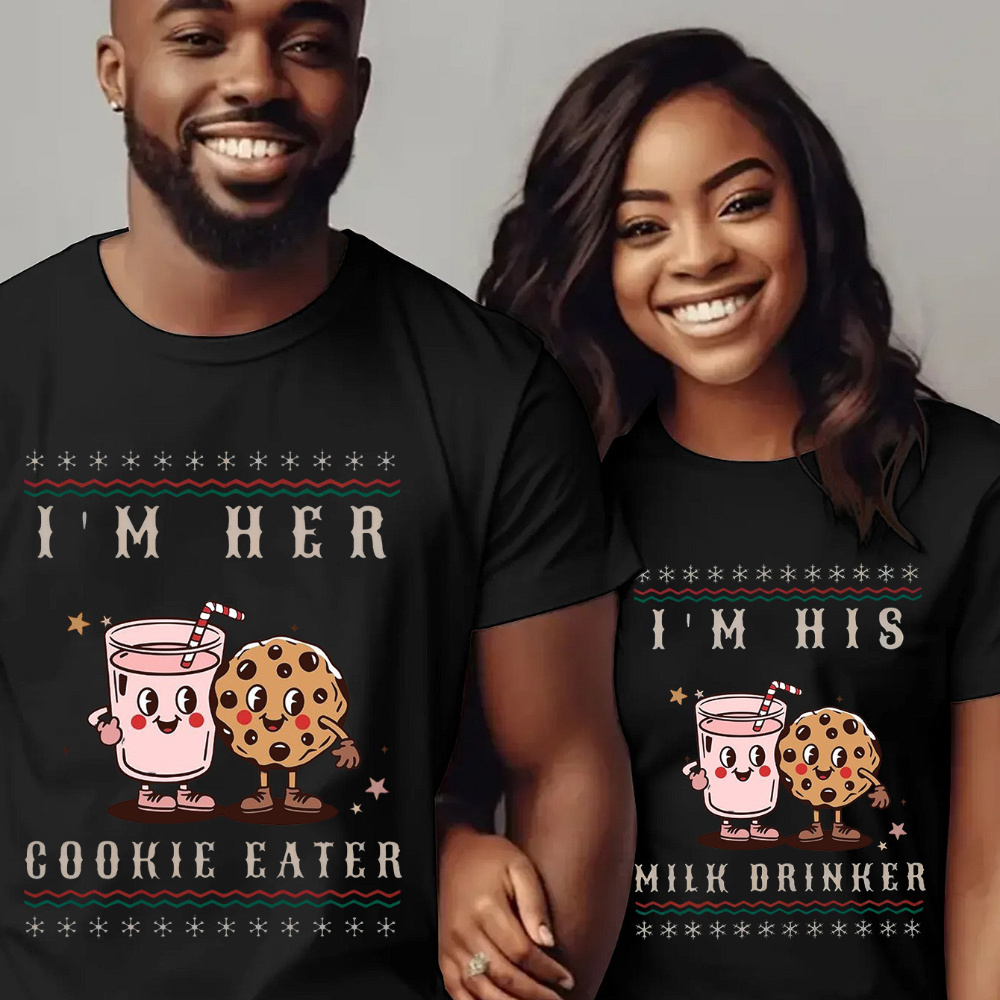 

Cozy Couples' Christmas Pajama Tee Set - 'i'm Her Cookie , I'm His Milk ' Print | Soft Cotton, Short Sleeve, Round Neck | All