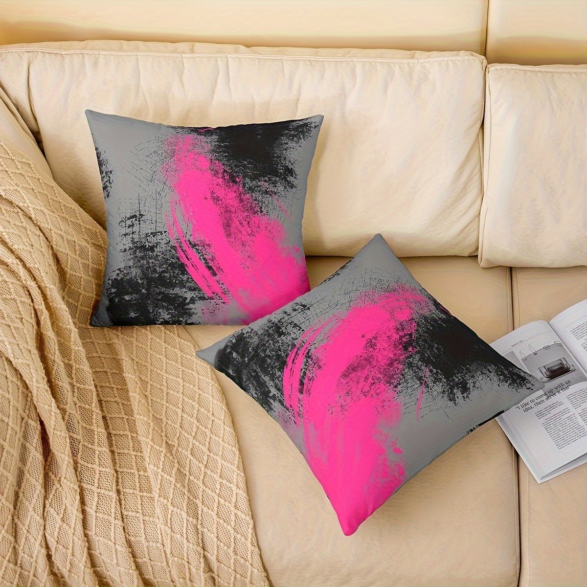 TEMU Set Of 2 Artistic Pillow Covers | Color- Design In Pink And Black, A Trendy Atmosphere With Single-sided Printed Sofa Pillow Covers, Square
