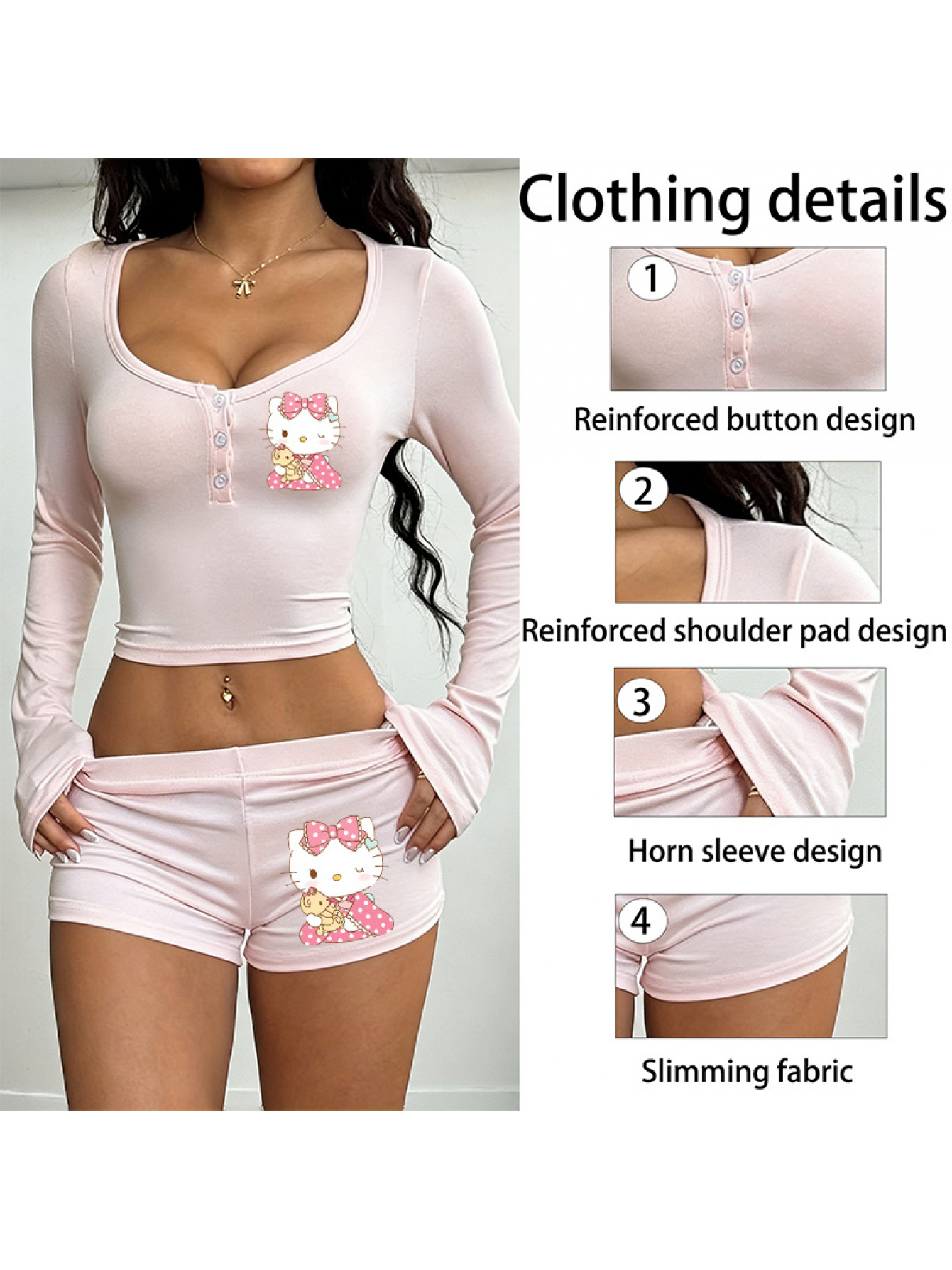 Sanrio Women'S Stretchy Activewear Set Long Sleeve Top & Casual Shorts Multi-Color for Warm Seasons - Image 10