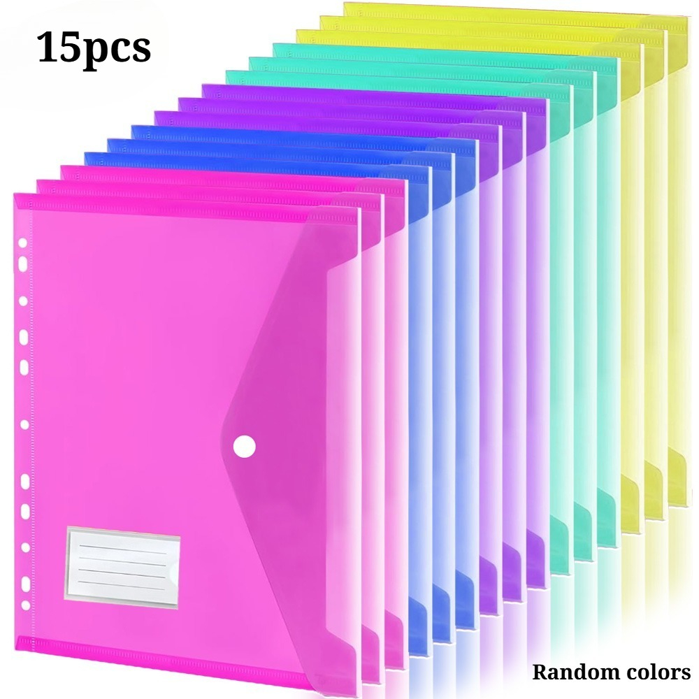TEMU ARXR Lot de 15 pochettes de classement A4 à 11 trous en PP, pochettes à bouton-pression avec porte-étiquette, couleurs aléatoires, organisateur