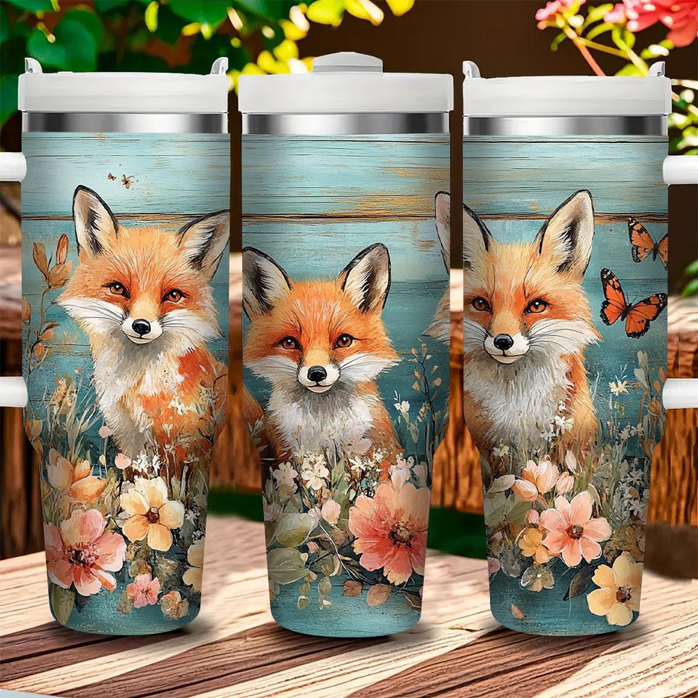 

1pc 40oz Vibrant Fox & Floral Stainless Steel With Lid And Straw - Insulated Water Bottle, Rustic Woodland Design, Ideal For All Drinkware