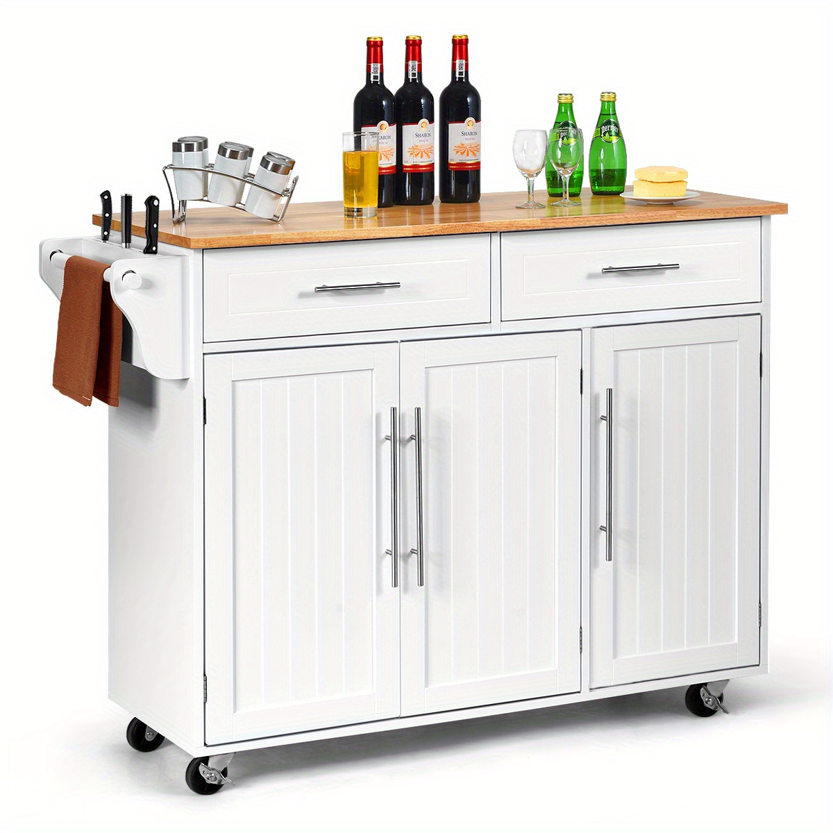 White Rolling Kitchen Trolley With Drawers And Wheels – Serving Cart, Sturdy Mdf Construction, Water-repellent Surface, Ideal For Entertaining And Serving, Kitchen Cart On Wheels