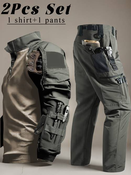 2 piezas conjunto táctico para hombre: camiseta táctica de media cremallera y pantalones cargo con múltiples bolsillos, ropa táctica práctica para deportes, , senderismo y caza (accesorios no incluidos)