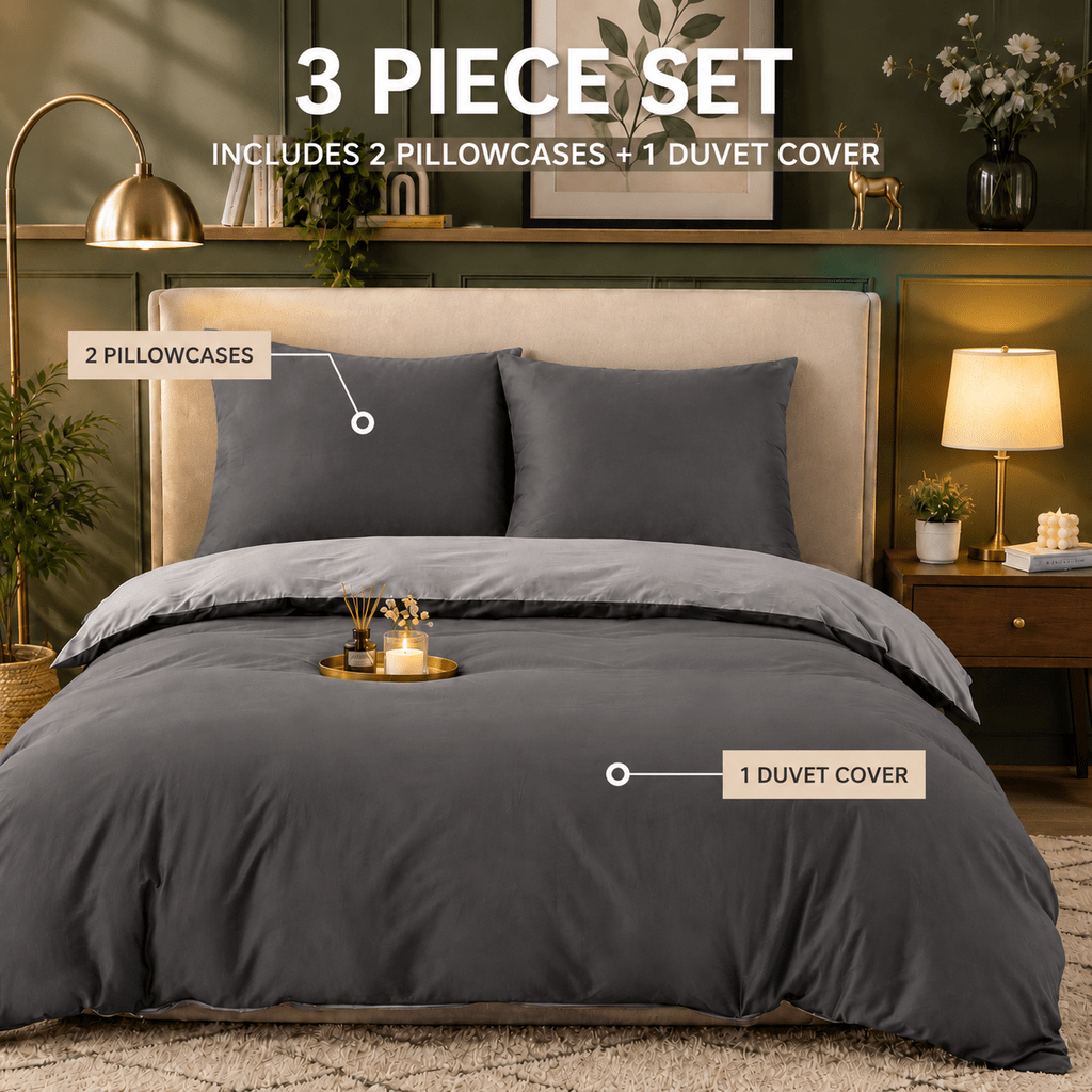 Image of Premium Bedding - 135 X 200cm And 80 X 80cm, 100% Cotton, 60-count, 2/3pcs Set With Duvet Cover And Pillowcase, Reversible Bedding, Soft And Breathable, Ab Gray, Ab Black