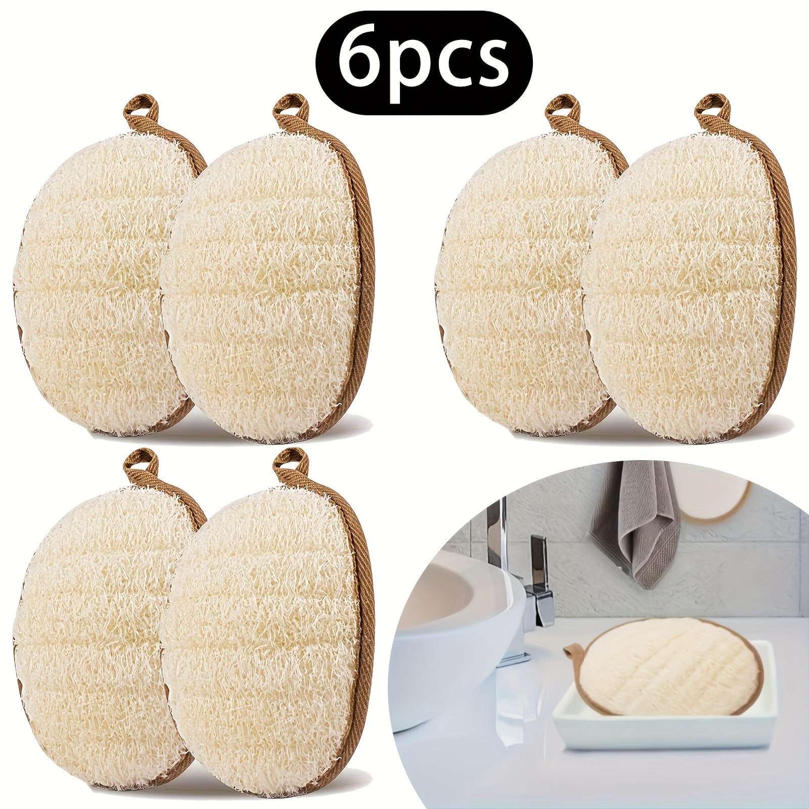 TEMU 6pcs Natural Loofah Sponge Pads- Heavy Duty Exfoliating Body Brush And Handheld Loofah With Hanging Loop, Plant Fiber, Beige Cleaning, Suitable