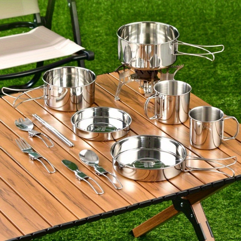 6pcs stainless steel outdoor cookware set   multi use board 2 folding pots frying pan cups with storage bag rust proof portable for camping picnics details 2