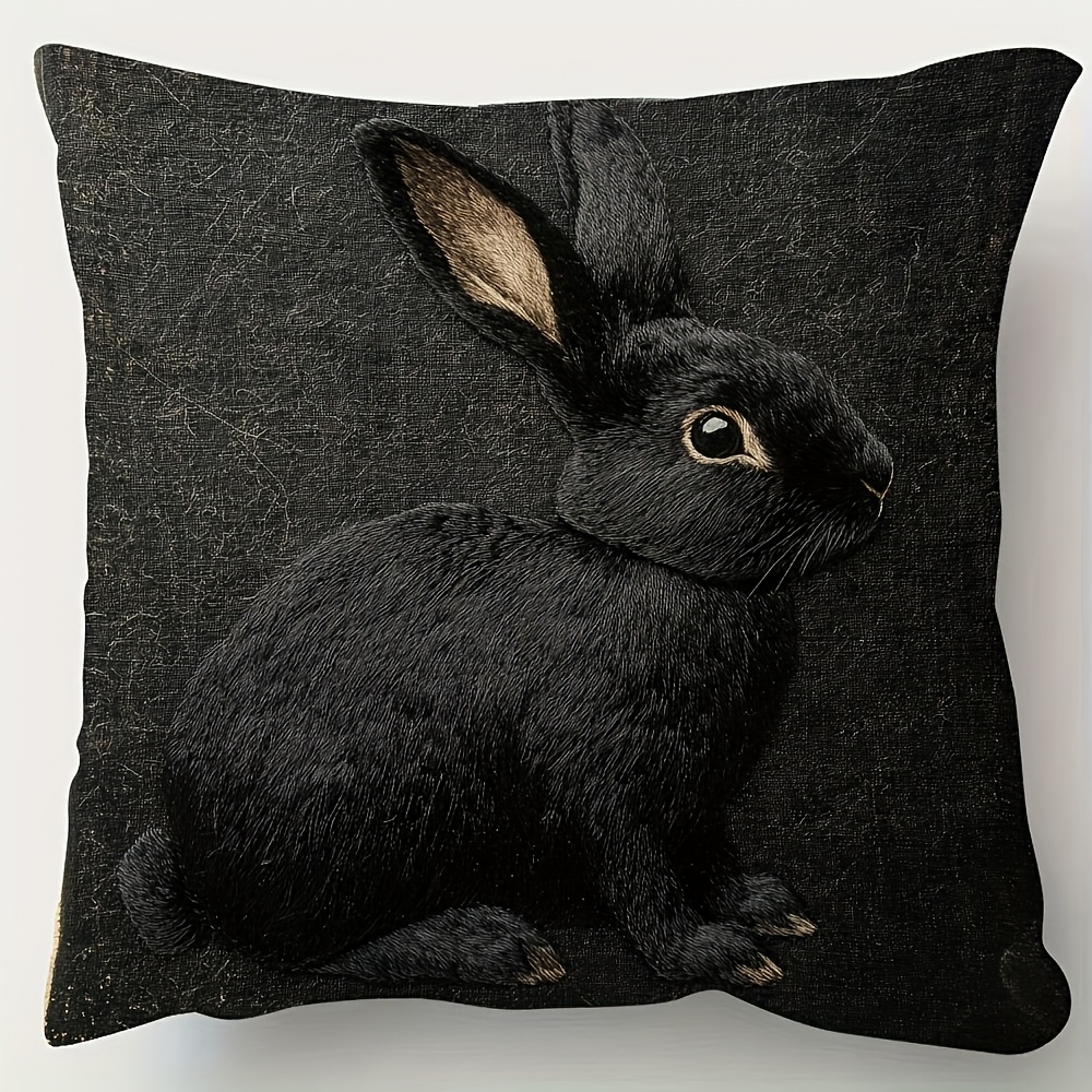 TEMU 1 taie d'oreiller avec un motif de lapin noir, fabriquée en tissu peluche court en polyester doux et lisse, avec un motif imprimé sur une seule