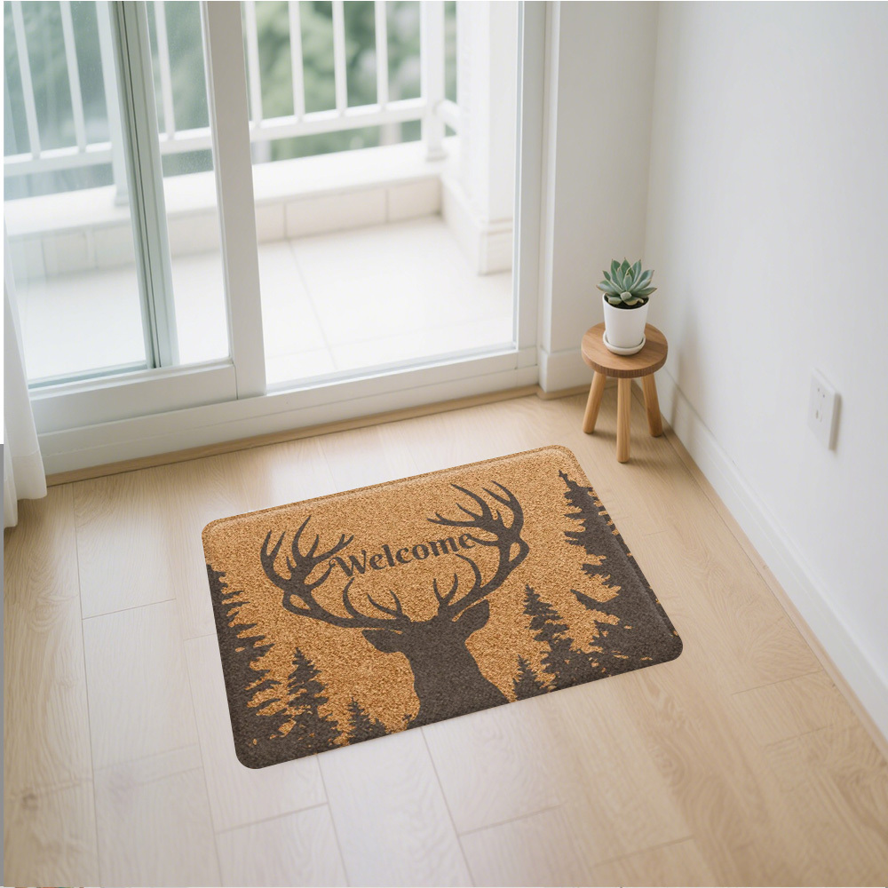 TEMU 1pc Deer Head Forest Welcome Themed Mat Made Of Flannel, Machine Washable, Non-slip, Suitable For Bedroom, Living Room, Dormitory, Balcony,