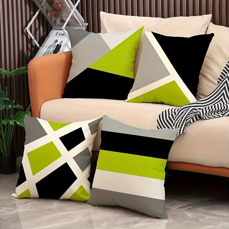 4pcs modern geometric print pillow covers green black white gray lime accents double sided soft fabric with zipper closure hand wash   sofa   room bedroom patio car office decor pillow covers for living room decorative gift item contemporary style comfortable texture home decor stylish decor durable cover accent pillows   Product details 3