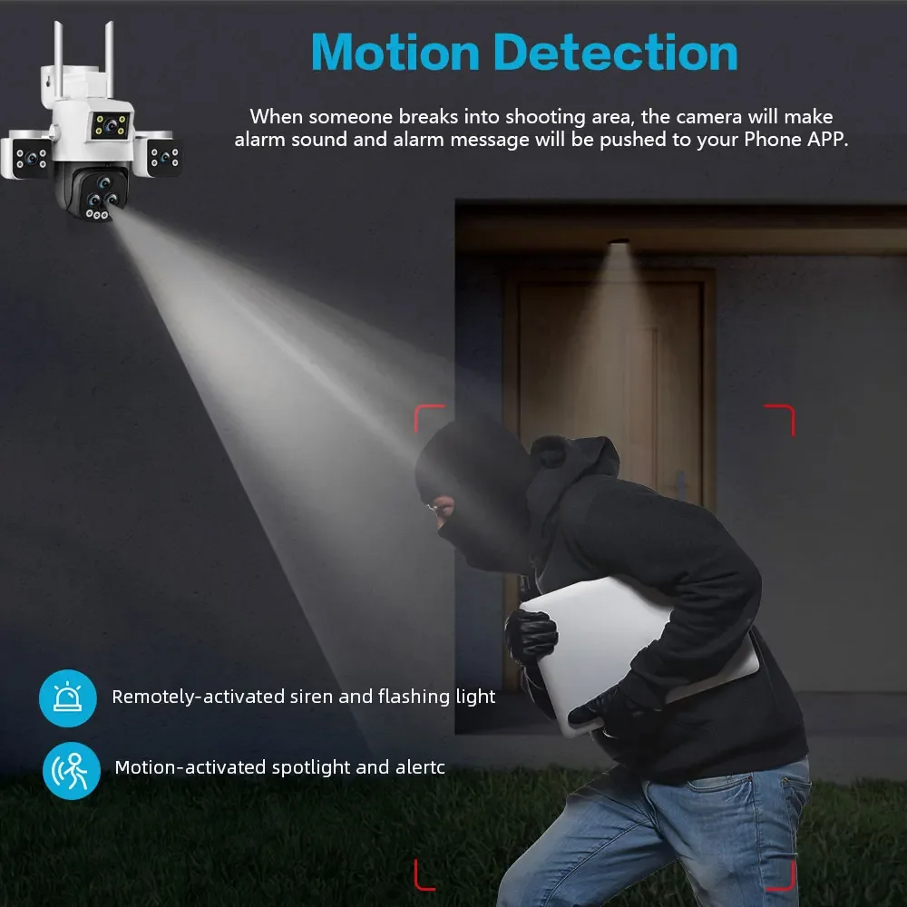 20x Zoom 4MP WiFi Security Camera, White, Full HD WiFi Security Camera, 5 Lenses, Two-Way Audio, Outdoor IP66, Auto Tracking, Human Detection, Push Notifications, 360° Pan-Tilt Control, Video Monitoring, Suitable for Home, Office, and Outdoor Use