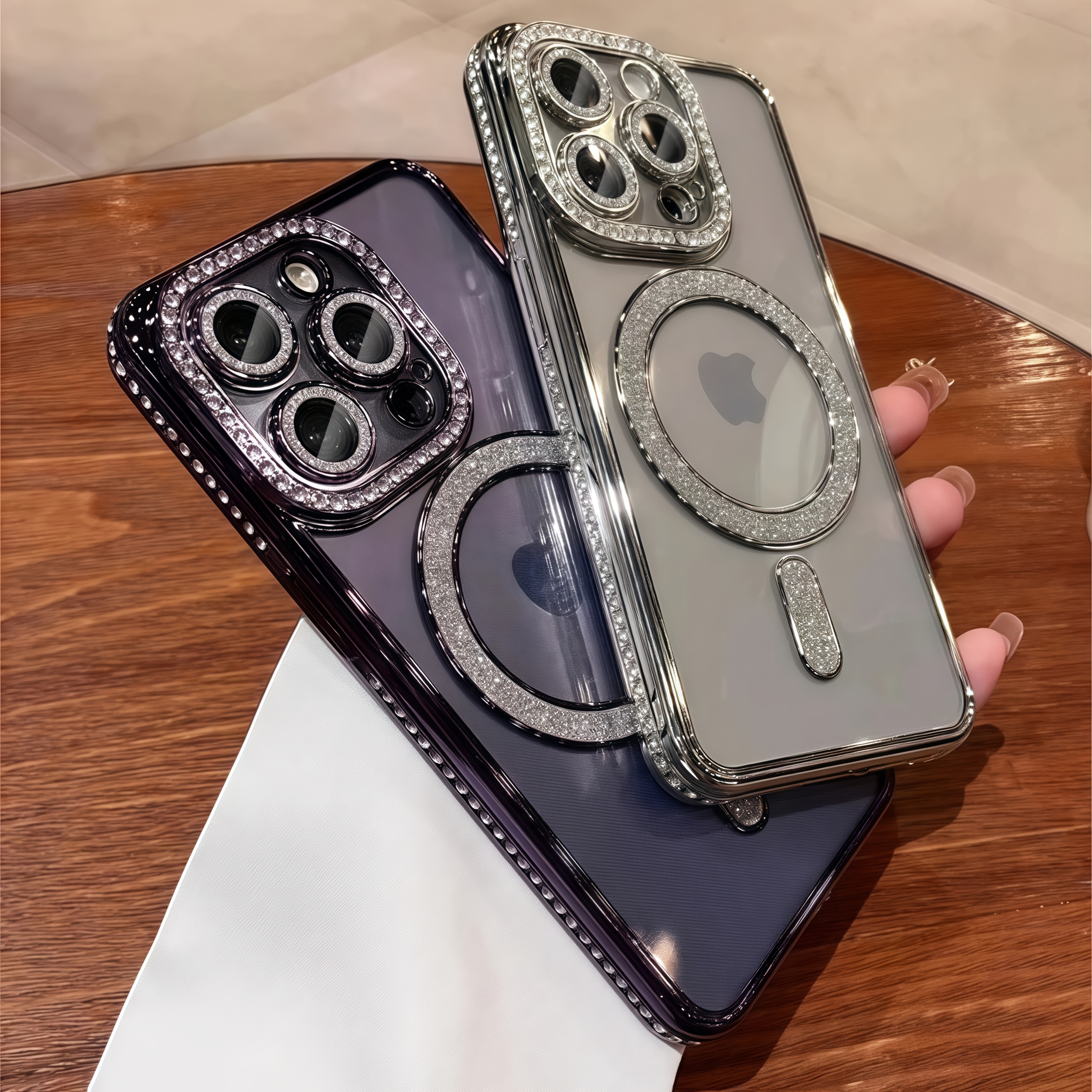 2025 New Luxury Fashion Flash Diamond Transparent Phone Case for iPhone 16 15 14 plus 13 Pro Max Magnetic Wireless Charging Back Cover