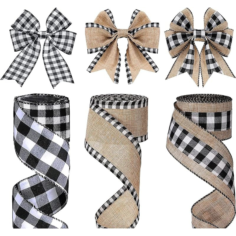 TEMU 3 Rolls Of Black And Plaid Ribbon With Steel Wire Edge - Country Plaid Fabric Roll, Suitable For Bow Ties, Flower Garlands, Christmas Tree