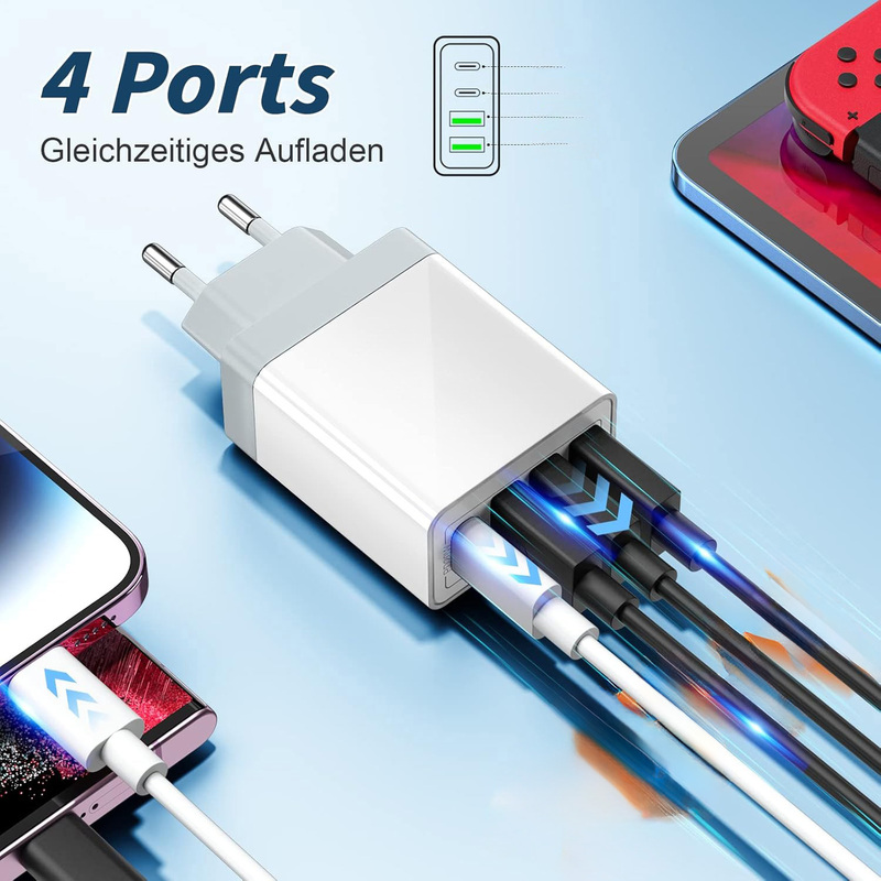 Захранващ Адаптер 4-в-1 USB A+C | 2A+2C Многопортов Стенен Зарядно Устройство за Домашни Контакти | Универсален Хъб за Захранване | Съвместим с iPhone, Galaxy, Таблети | Необходим Аксесоар за Подобрение на Дома (Бял/Черен/Оранжев)