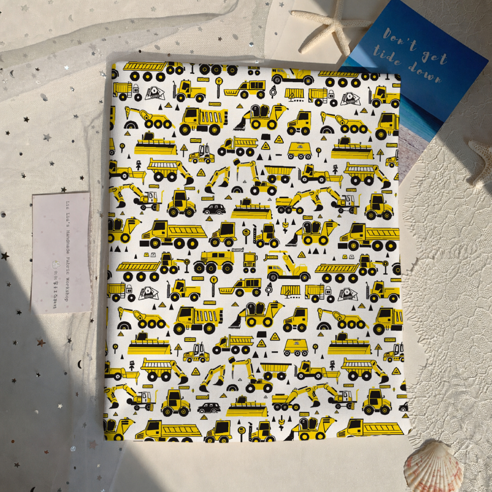 TEMU 1pc, Yellow Construction Vehicle Pattern Print Design, Printed Fabric, Multiple Sizes Available, Soft And Comfortable Fabric, Diy All-polyester