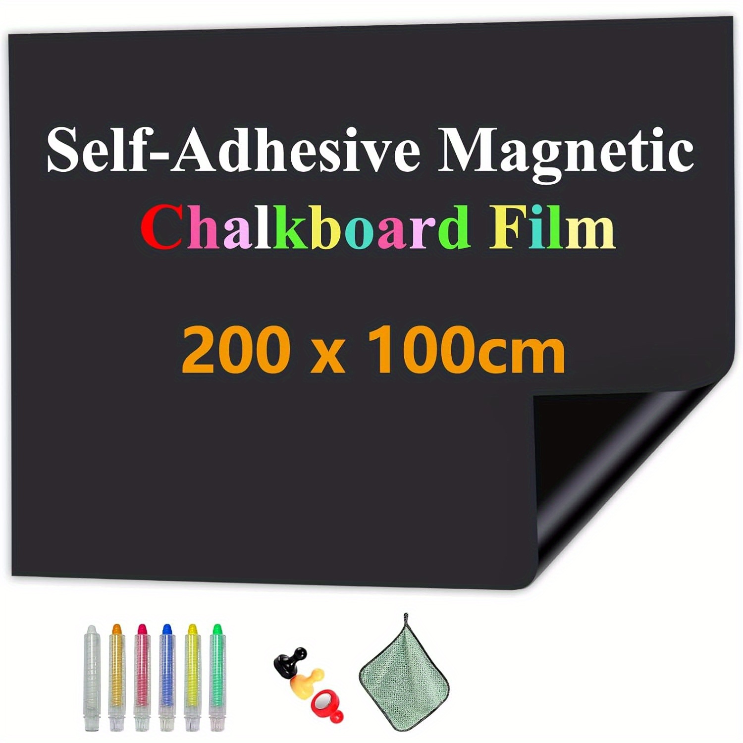 200 X 100 Cm Magnetic Blackboard Film | Self-adhesive, Wipeable Chalk Film For Home, Office, School | Includes Water-based Chalk Markers, Magnets, And Cloth