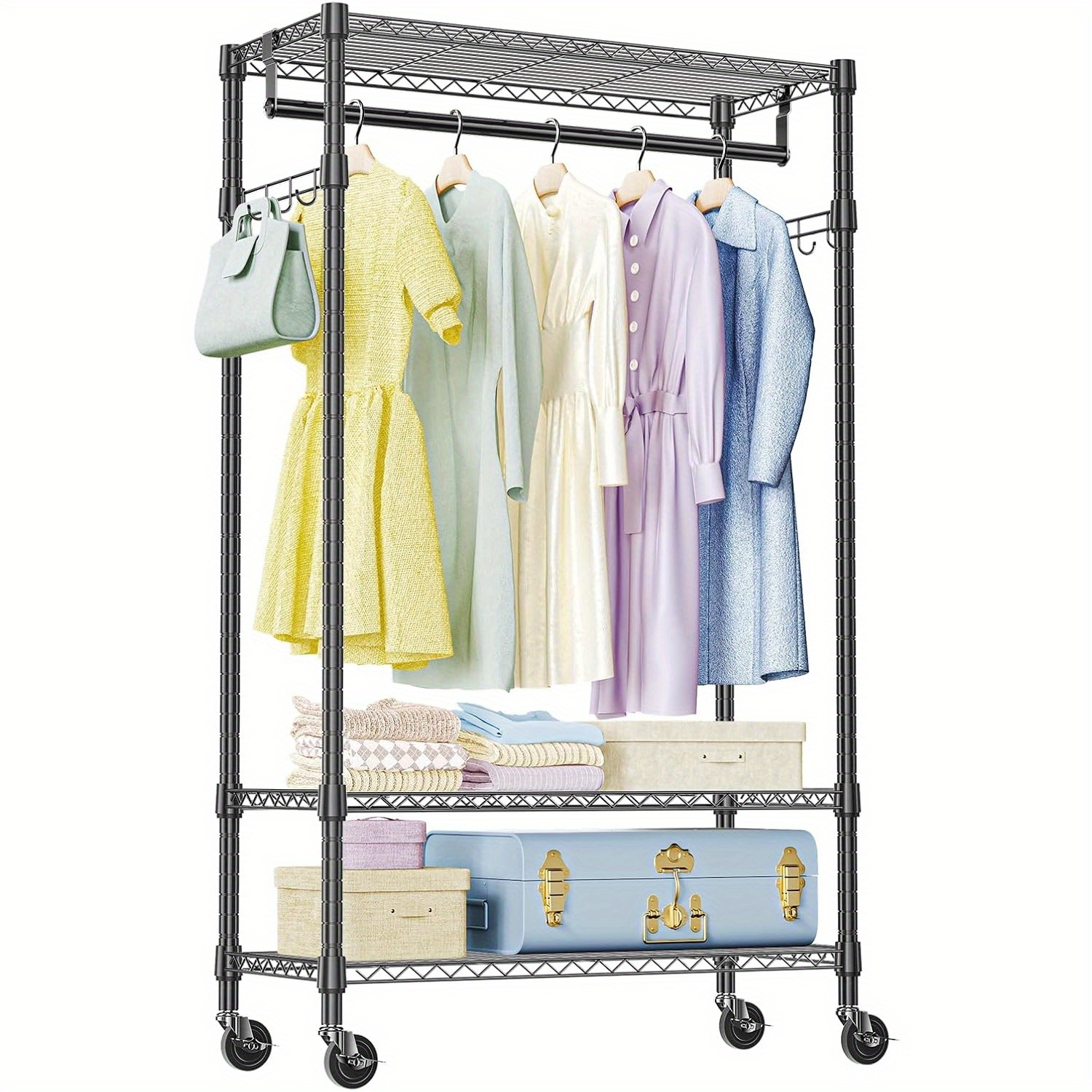 TEMU Izeuk Sturdy Rolling Clothing Rack Featuring 3 Adjustable , A Hanging Rod, And Side Hooks - Portable Garment Rack On Wheels, Measuring Inches Wide, 15.7 Inches Deep, And 75 Inches High, In Black