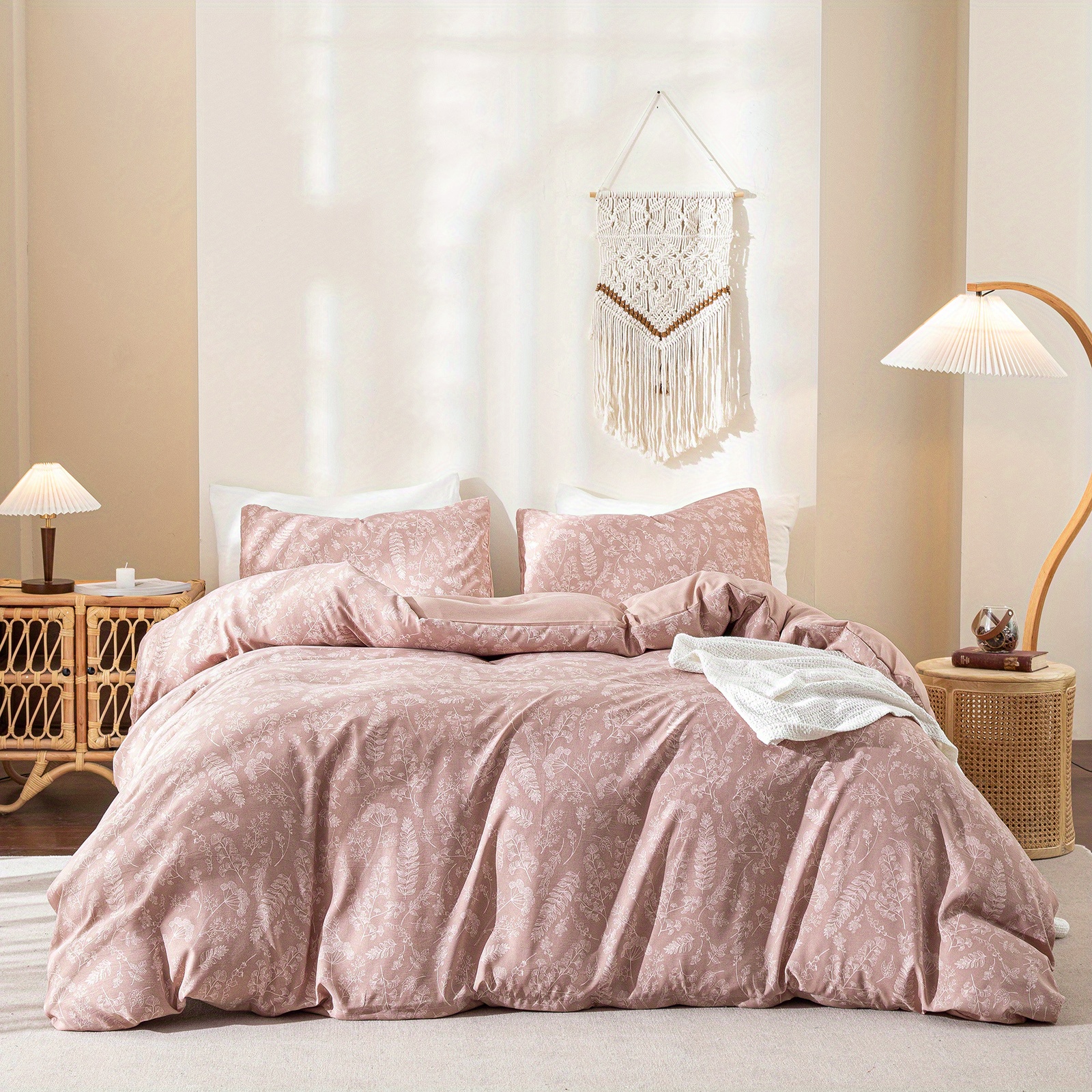 Pink Floral Duvet Cover Set, Soft Botanical Patterned Bedding, 3pcs Set With Zipper Closure, Lightweight Breathable Duvet Cover Set Bohemian Modern Bedding, Suitable For Girls, Teens, Adults