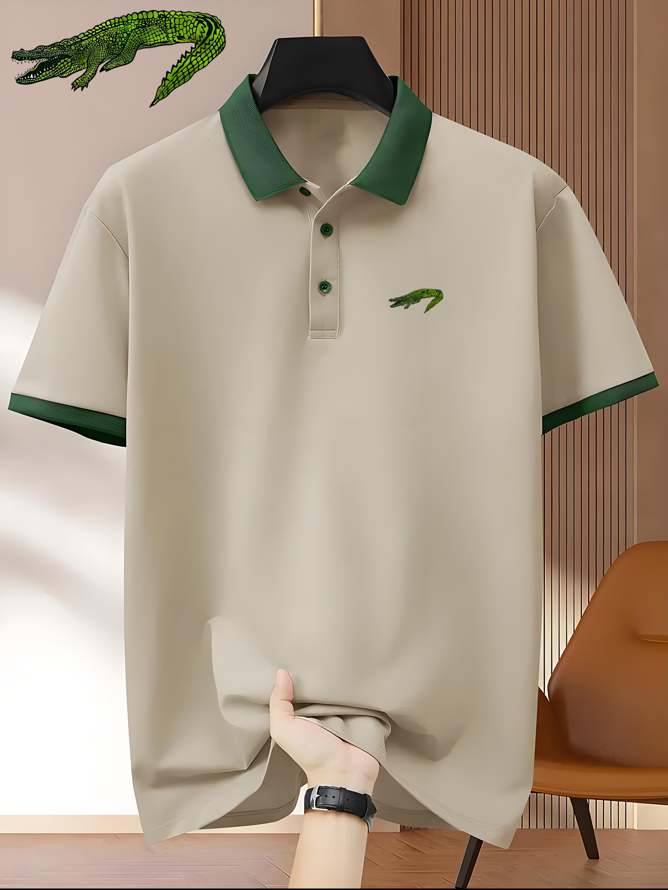 Men'S Premium Business Casual Polo Shirt - Knit Polyester Fabric, Regular Fit, Short Sleeve, Lapel Collar, Slight Stretch, Geometric Pattern with Button Detail, Summer Style