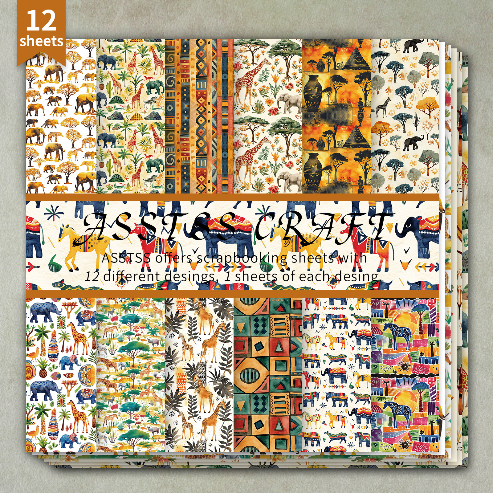TEMU 12-sheet Asstss Inches Scrapbooking Paper Pad, African Tribal Watercolor Wild Animals Style Backing Paper Supplies, Heavyweight Cardstock For